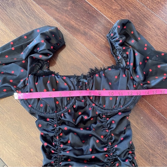 For Love and Lemons Melrose Polka Dot Dress Black Red Ruched Satin Blogger Fav S - Picture 12 of 15